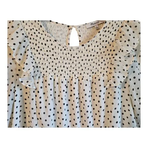 MADEWELL Women S Shift Dress Polka Dot Cream White & Black Smocked Ruffles Midi - Picture 4 of 10